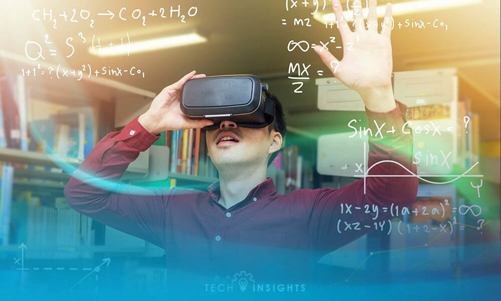 A man is using an AR headset to solve mathematic equations.