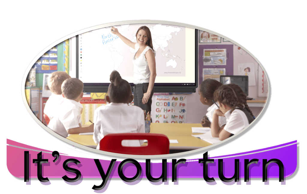 White female teacher in front of her class with students and a world map shown on the Whiteboard app