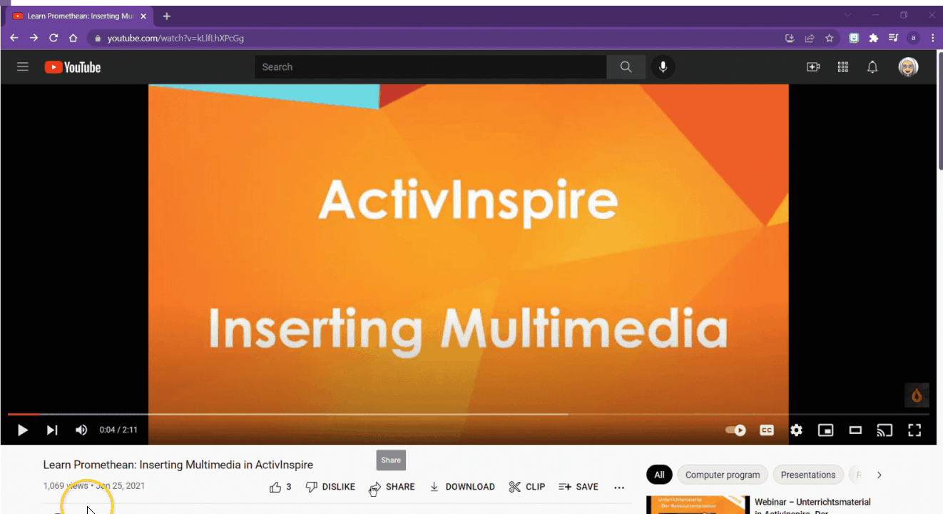This gif animates the steps to use an embed code to insert a video into an ActivInspire flipchart