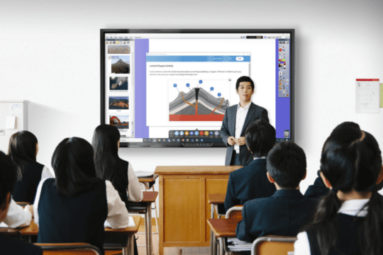 Teacher in front of classroom with ActivPanel presenting with ActivInpsire.