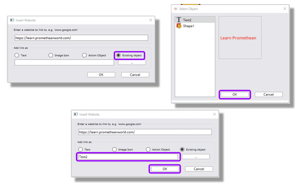 Images shows the steps of choosing Existing object, selecting the object and then selecting ok