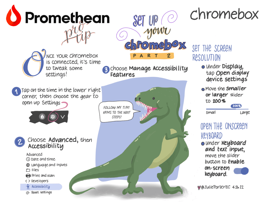 Infographic describing steps to set up resolution and on-screen keyboard on the Chromebox using the settings gear in the lower right corner of the screen