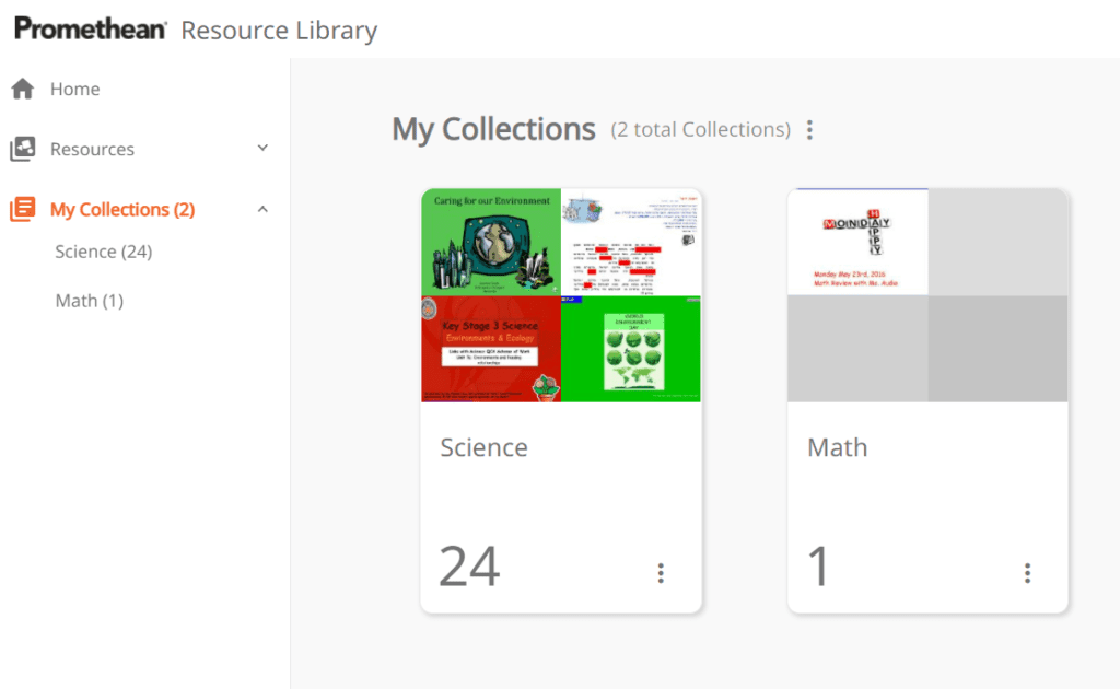 Image shows My Collections folders within Promethean Resource Library