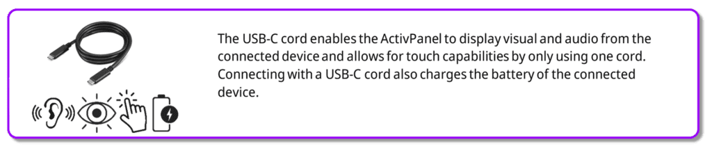 This image discusses how to connect your laptop to your ActivPanel 9 using a USB-C.