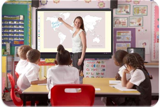 This image depicts a teacher using the ActivPanel to engage her students.