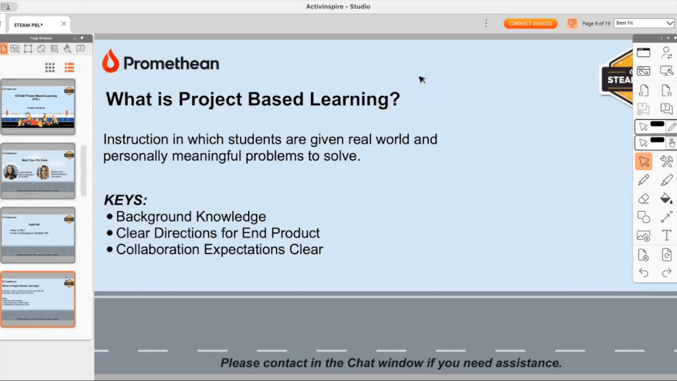 A STEAM presenter introduces the concept of Project Based Learning on screen.