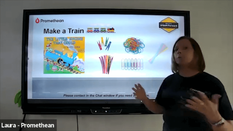 A STEAM presenter on screen shows classroom elements for making a train.
