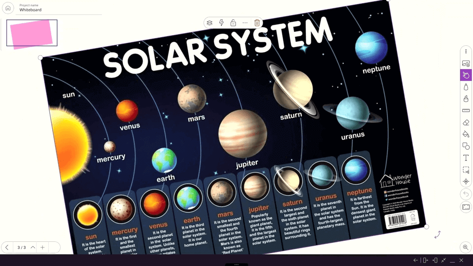 In Explain Everything, the instructor creates a lesson with the solar system shown on screen.