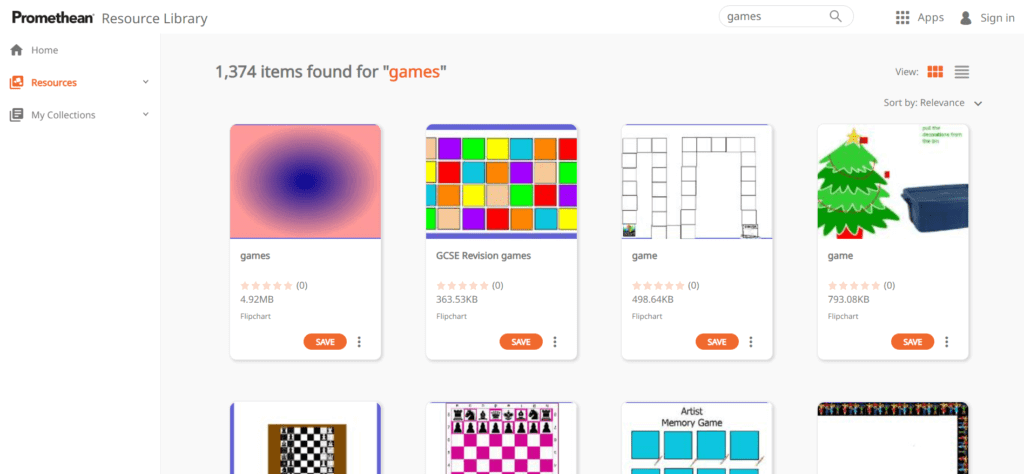 Image shows the Promethean Resource Library with games used as the search term