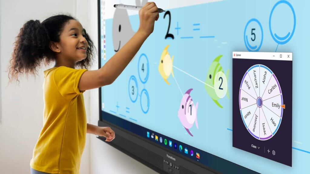 A teacher inspires a student to move by inviting her to complete the Explain Everything activity on the ActivPanel.